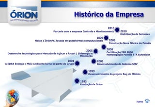 Histórico da Empresa
                                                                                 2010
                                      Parceria com a empresa Controle e Monitoramento      2010
                                                                                           Distribuição de Sensores
                                                                         2009
                       Nasce a ÓrionPC, focada em plataformas computacionais      2009
                                                                                  Construção Nova fábrica de Painéis


                                                                2005            2008
                                                                                Certificação ISO 9000
 Desenvolve tecnologias para Mercado de Açúcar e Álcool | Siderurgia e          Homologação Painéis TTA Schneider
                                                            Mineração

                                                 2001                    2003
A EDRB Energia e Meio Ambiente torna-se parte do Grupo                   Desenvolvimento do Sistema SMV


                                                                  1999
                                                                  Desenvolvimento do projeto Bug do Milênio


                                                           1993
                                                           Fundação da Órion




                                                                                                        home
 