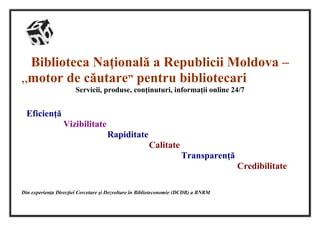 Biblioteca Naţională a Republicii Moldova –
„motor de căutare” pentru bibliotecari
Servicii, produse, conţinuturi, informaţii online 24/7

Eficienţă
Vizibilitate
Rapiditate
Calitate
Transparenţă
Credibilitate
Din experienţa Direcţiei Cercetare şi Dezvoltare în Biblioteconomie (DCDB) a BNRM

 