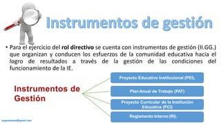 • Para el ejercicio del rol directivo se cuenta con instrumentos de gestión (II.GG.)
que organizan y conducen los esfuerzos de la comunidad educativa hacia el
logro de resultados a través de la gestión de las condiciones del
funcionamiento de la IE.
augustozaval@gmail.com
Proyecto Educativo Institucional (PEI),
Plan Anual de Trabajo (PAT)
Proyecto Curricular de la Institución
Educativa (PCI)
Reglamento Interno (RI).