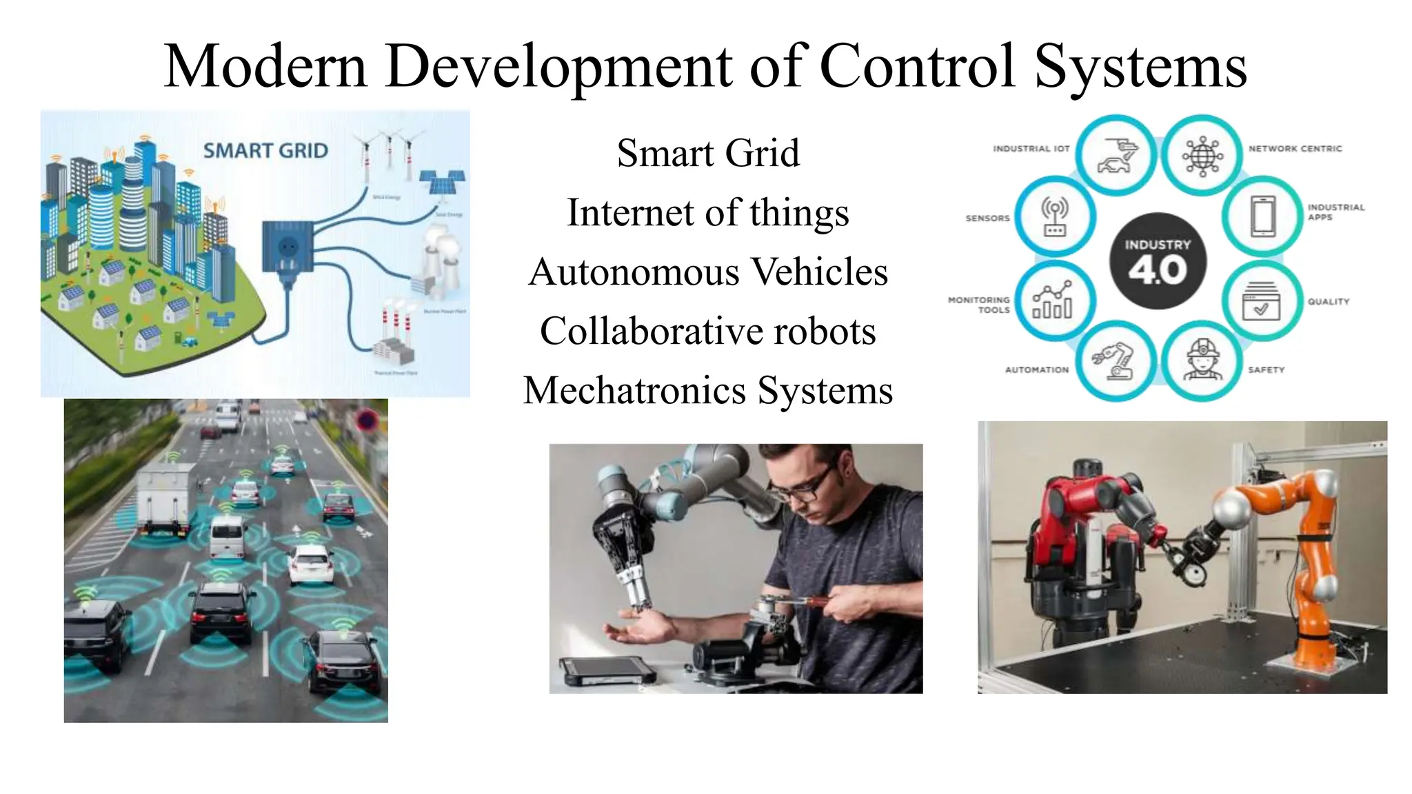 Modern Development of Control Systems
Smart Grid
Internet of things
Autonomous Vehicles
Collaborative robots
Mechatronics Systems
 
