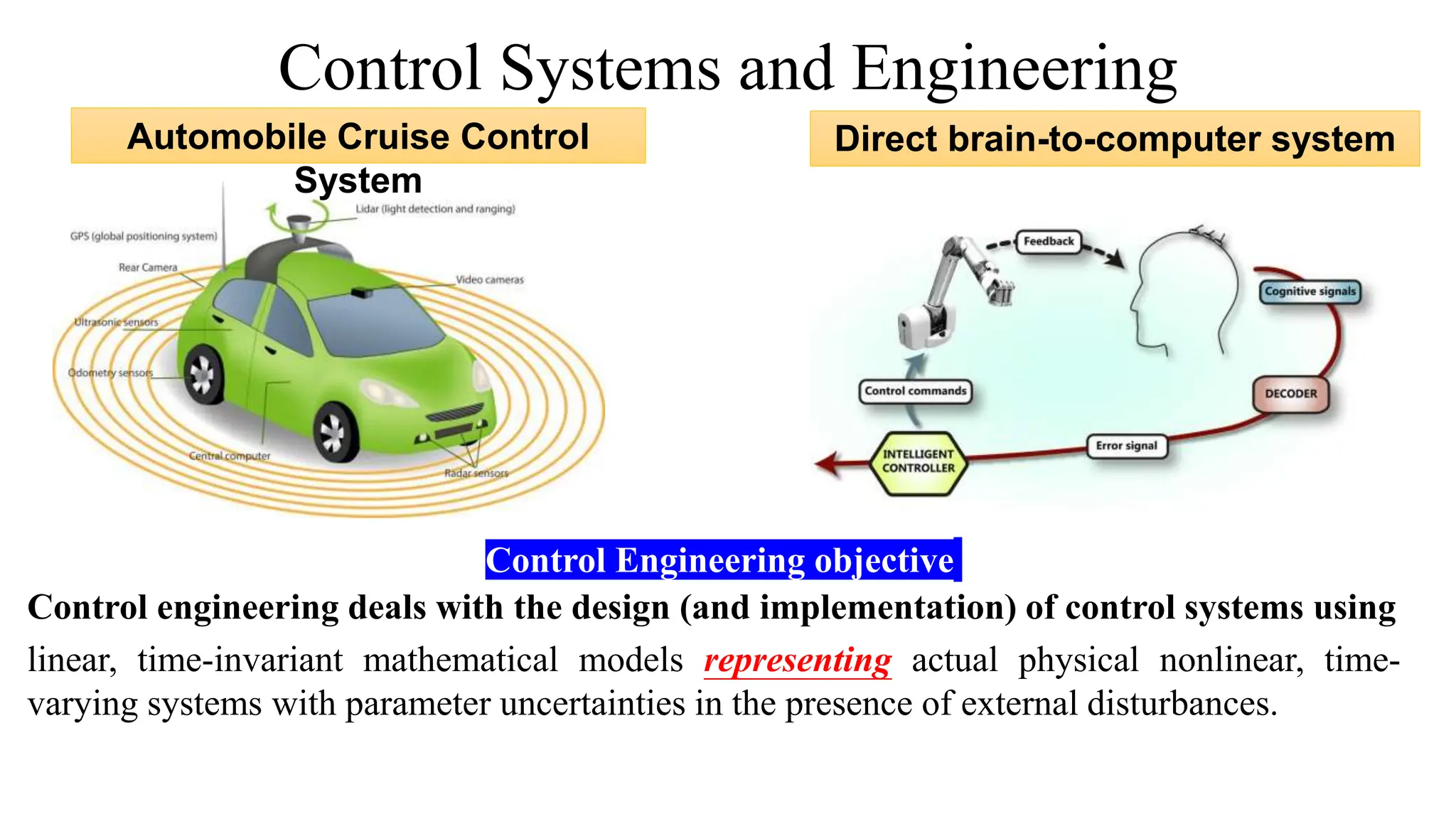 Control Systems and Engineering
Direct brain-to-computer system
Control engineering deals with the design (and implementation) of control systems using
linear, time-invariant mathematical models representing actual physical nonlinear, time-
varying systems with parameter uncertainties in the presence of external disturbances.
Control Engineering objective
Automobile Cruise Control
System
 
