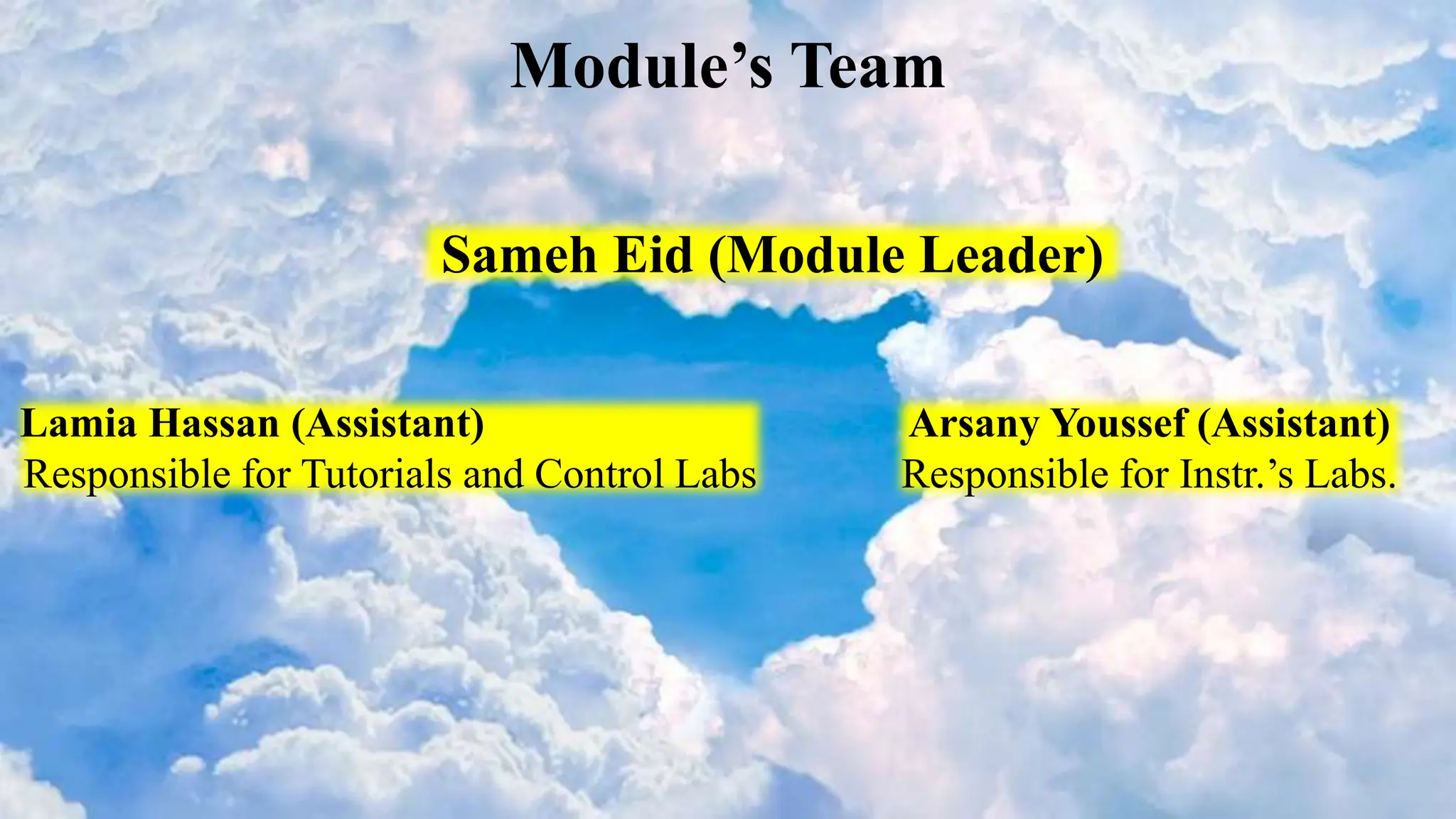 Module’s Team
Sameh Eid (Module Leader)
Lamia Hassan (Assistant)
Responsible for Tutorials and Control Labs
Arsany Youssef (Assistant)
Responsible for Instr.’s Labs.
 