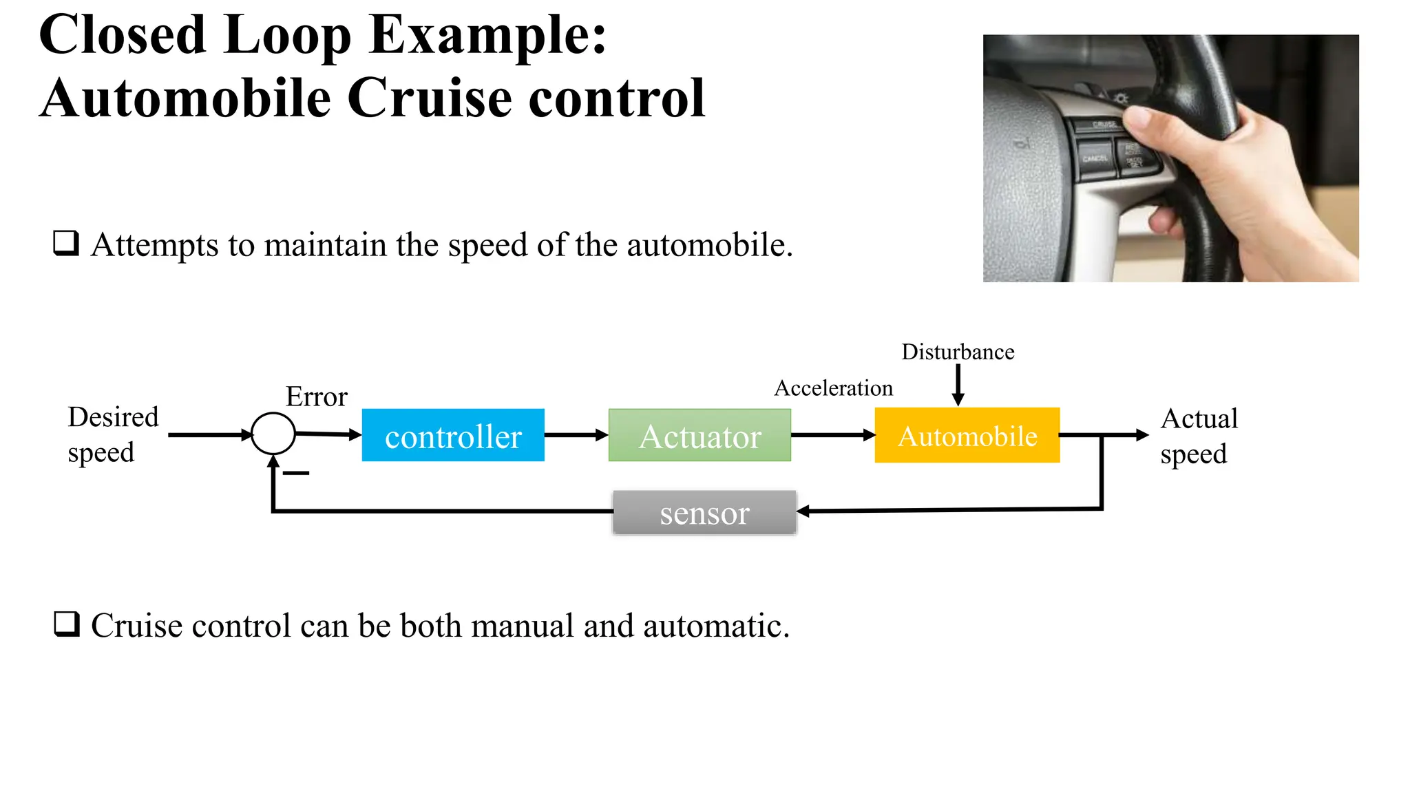 Closed Loop Example:
Automobile Cruise control
 Attempts to maintain the speed of the automobile.
Automobile
Desired
speed
Actual
speed
Actuator
controller
sensor
Error Acceleration
Disturbance
 Cruise control can be both manual and automatic.
 