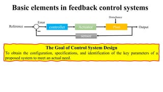 Basic elements in feedback control systems
Plant
Reference Output
Actuator
controller
sensor
Error
Disturbance
The Goal of Control System Design
To obtain the configuration, specifications, and identification of the key parameters of a
proposed system to meet an actual need.
 