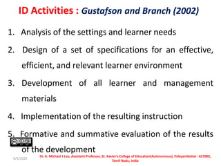 ID Activities : Gustafson and Branch (2002)
1. Analysis of the settings and learner needs
2. Design of a set of specifications for an effective,
efficient, and relevant learner environment
3. Development of all learner and management
materials
4. Implementation of the resulting instruction
5. Formative and summative evaluation of the results
of the development
6/5/2020
Dr. A. Michael J Leo, Assistant Professor, St. Xavier's College of Education(Autonomous), Palayamkottai - 627002,
Tamil Nadu, India
 