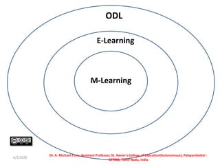 ODL
E-Learning
M-Learning
6/5/2020
Dr. A. Michael J Leo, Assistant Professor, St. Xavier's College of Education(Autonomous), Palayamkottai -
627002, Tamil Nadu, India
 