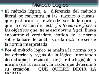 Método Lógico
 El  método lógico, a diferencia del método
  literal, se concentra en las razones o causas
  que justifican la razón de ser de la norma,
  que la creación de esta, junto con los fines o
  los objetivos que tiene esa norma legal. Busca
  encontrar el verdadero sentido de la norma
  sobre la base del análisis de la razón de ser de
  la norma interpretada
 Por el método lógico se analiza la norma bajo
  los criterios y reglas de la lógica, intentando
  desentrañar la razón de ser (la ratio legis) de la
  misma (de la norma), la razón que determinó
  su creación.      QUE QUIERE DECIR LA
 