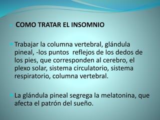  COMO TRATAR EL INSOMNIO
Trabajar la columna vertebral, glándula
pineal, -los puntos reflejos de los dedos de
los pies, que corresponden al cerebro, el
plexo solar, sistema circulatorio, sistema
respiratorio, columna vertebral.
La glándula pineal segrega la melatonina, que
afecta el patrón del sueño.
 