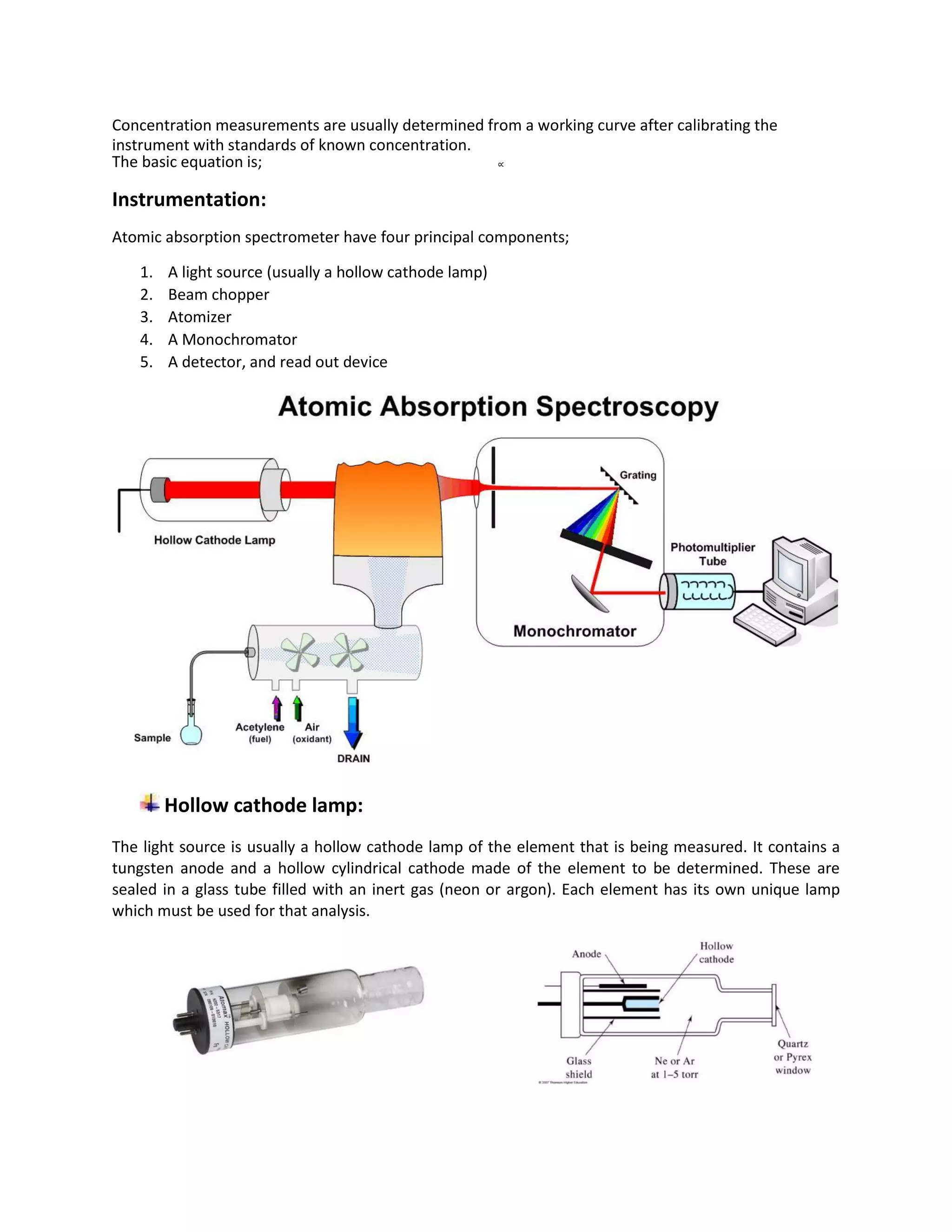 Concentration measurements are usually determined from a working curve after calibrating the
instrument with standards of known concentration.
The basic equation is; ∝
Instrumentation:
Atomic absorption spectrometer have four principal components;
1. A light source (usually a hollow cathode lamp)
2. Beam chopper
3. Atomizer
4. A Monochromator
5. A detector, and read out device
Hollow cathode lamp:
The light source is usually a hollow cathode lamp of the element that is being measured. It contains a
tungsten anode and a hollow cylindrical cathode made of the element to be determined. These are
sealed in a glass tube filled with an inert gas (neon or argon). Each element has its own unique lamp
which must be used for that analysis.
 