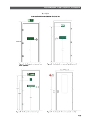 Instrução Técnica nº 20/2004 - Sinalização de Emergência



                                                  Anexo C
                           Exemplos de instalação de sinalização




     Figura 1 - Sinalização de porta corta-fogo         Figura 2 - Sinalização de porta corta-fogo (vista do hall)
     (vista da escada)




Figura 3 - Sinalização de porta corta-fogo              Figura 4 - Sinalização de elevadores (vista da escada)


                                                                                                                     471
 