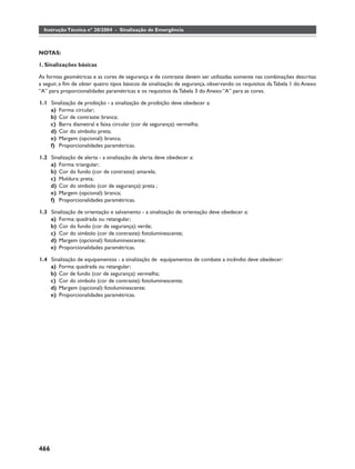 Instrução Técnica nº 20/2004 - Sinalização de Emergência



NOTAS:

1. Sinalizações básicas

As formas geométricas e as cores de segurança e de contraste devem ser utilizadas somente nas combinações descritas
a seguir, a ﬁm de obter quatro tipos básicos de sinalização de segurança, observando os requisitos da Tabela 1 do Anexo
“A” para proporcionalidades paramétricas e os requisitos da Tabela 3 do Anexo “A” para as cores.

1.1 Sinalização de proibição - a sinalização de proibição deve obedecer a:
    a) Forma: circular;
    b) Cor de contraste: branca;
    c) Barra diametral e faixa circular (cor de segurança): vermelha;
    d) Cor do símbolo: preta;
    e) Margem (opcional): branca;
    f) Proporcionalidades paramétricas.

1.2 Sinalização de alerta - a sinalização de alerta deve obedecer a:
    a) Forma: triangular;
    b) Cor do fundo (cor de contraste): amarela;
    c) Moldura: preta;
    d) Cor do símbolo (cor de segurança): preta ;
    e) Margem (opcional): branca;
    f) Proporcionalidades paramétricas.

1.3 Sinalização de orientação e salvamento - a sinalização de orientação deve obedecer a:
    a) Forma: quadrada ou retangular;
    b) Cor do fundo (cor de segurança): verde;
    c) Cor do símbolo (cor de contraste): fotoluminescente;
    d) Margem (opcional): fotoluminescente;
    e) Proporcionalidades paramétricas.

1.4 Sinalização de equipamentos - a sinalização de equipamentos de combate a incêndio deve obedecer:
    a) Forma: quadrada ou retangular;
    b) Cor de fundo (cor de segurança): vermelha;
    c) Cor do símbolo (cor de contraste): fotoluminescente;
    d) Margem (opcional): fotoluminescente;
    e) Proporcionalidades paramétricas.




466
 