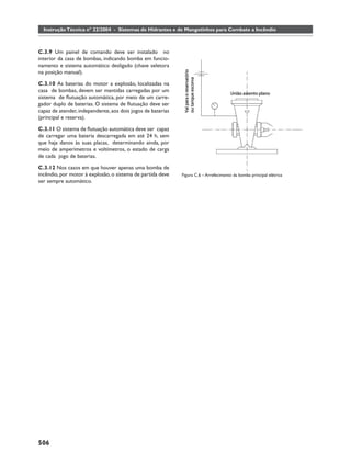 Instrução Técnica nº 22/2004 - Sistemas de Hidrantes e de Mangotinhos para Combate a Incêndio



C.3.9 Um painel de comando deve ser instalado no
interior da casa de bombas, indicando bomba em funcio-
namento e sistema automático desligado (chave seletora
na posição manual).

C.3.10 As baterias do motor a explosão, localizadas na
casa de bombas, devem ser mantidas carregadas por um
sistema de ﬂutuação automática, por meio de um carre-
gador duplo de baterias. O sistema de ﬂutuação deve ser
capaz de atender, independente, aos dois jogos de baterias
(principal e reserva).

C.3.11 O sistema de ﬂutuação automática deve ser capaz
de carregar uma bateria descarregada em até 24 h, sem
que haja danos às suas placas, determinando ainda, por
meio de amperímetros e voltímetros, o estado de carga
de cada jogo de baterias.

C.3.12 Nos casos em que houver apenas uma bomba de
incêndio, por motor à explosão, o sistema de partida deve    Figura C.6 – Arrefecimento da bomba principal elétrica
ser sempre automático.




506
 