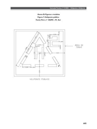 Instrução Técnica nº 31/2004 - Heliponto e Heliporto



                           Anexo B: Figuras e modelos
                           Figura 7: Heliponto público
                         Fonte: Port. nº 18GM5 – M. Aer




  OBSERVAÇÕES
  OBSERVA
1 – Cor branca ou amarela fosforecente;
2 - Escala : 1 :100
3 – Cotas em metros




                           Anexo B: Figuras e Modelos
                                              Modelos.




                                                                                           605
 