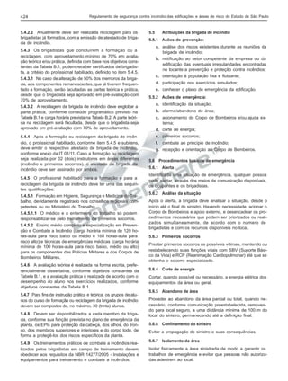 424

Regulamento de segurança contra incêndio das edificações e áreas de risco do Estado de São Paulo

5.4.2.2 Anualmente deve ser realizada reciclagem para os
brigadistas já formados, com a emissão de atestado de brigada de incêndio.
5.4.3 Os brigadistas que concluírem a formação ou a
reciclagem, com aproveitamento mínimo de 70% em avaliação teórica e/ou prática, definida com base nos objetivos constantes da Tabela B.1, podem receber certificados de brigadista, a critério do profissional habilitado, definido no item 5.4.5.
5.4.3.1 No caso de alteração de 50% dos membros da brigada, aos componentes remanescentes, que já tiverem frequentado a formação, serão facultadas as partes teórica e prática,
desde que o brigadista seja aprovado em pré-avaliação com
70% de aproveitamento.
5.4.3.2 A reciclagem da brigada de incêndio deve englobar a
parte prática, conforme conteúdo programático previsto na
Tabela B.1 e carga horária prevista na Tabela B.2. A parte teórica na reciclagem será facultada, desde que o brigadista seja
aprovado em pré-avaliação com 70% de aproveitamento.
5.4.4 Após a formação ou reciclagem da brigada de incêndio, o profissional habilitado, conforme item 5.4.5 e subitens,
deve emitir o respectivo atestado de brigada de incêndio,
conforme anexo da IT 01/11. Caso a formação ou reciclagem
seja realizada por 02 (dois) instrutores em áreas diferentes
(incêndio e primeiros socorros), o atestado de brigada de
incêndio deve ser assinado por ambos.
5.4.5 O profissional habilitado para a formação e para a
reciclagem da brigada de incêndio deve ter uma das seguintes qualificações:
5.4.5.1 Formação em Higiene, Segurança e Medicina do Trabalho, devidamente registrado nos conselhos regionais competentes ou no Ministério do Trabalho.
5.4.5.1.1 O médico e o enfermeiro do trabalho só podem
responsabilizar-se pelo treinamento de primeiros socorros.
5.4.5.2 Ensino médio completo e especialização em Prevenção e Combate a Incêndio (carga horária mínima de 120 horas-aula para risco baixo ou médio e 160 horas-aula para
risco alto) e técnicas de emergências médicas (carga horária
mínima de 100 horas-aula para risco baixo, médio ou alto)
para os componentes das Polícias Militares e dos Corpos de
Bombeiros Militares.
5.4.6 A avaliação teórica é realizada na forma escrita, preferencialmente dissertativa, conforme objetivos constantes da
Tabela B.1, e a avaliação prática é realizada de acordo com o
desempenho do aluno nos exercícios realizados, conforme
objetivos constantes da Tabela B.1.
5.4.7 Para fins de instrução prática e teórica, os grupos de alunos do curso de formação ou reciclagem da brigada de incêndio
devem ser compostos de, no máximo, 30 (trinta) alunos.
5.4.8 Devem ser disponibilizados a cada membro da brigada, conforme sua função prevista no plano de emergência da
planta, os EPIs para proteção da cabeça, dos olhos, do tronco, dos membros superiores e inferiores e do corpo todo, de
forma a protegê-los dos riscos específicos da planta.
5.4.9 Os treinamentos práticos de combate a incêndios realizados pelos brigadistas em campo de treinamento devem
obedecer aos requisitos da NBR 14277/2005 - Instalações e
equipamentos para treinamento e combate a incêndios.

5.5

Atribuições da brigada de incêndio

5.5.1 Ações de prevenção:
a. análise dos riscos existentes durante as reuniões da
brigada de incêndio;
b. notificação ao setor competente da empresa ou da
edificação das eventuais irregularidades encontradas
no tocante a prevenção e proteção contra incêndios;
c. orientação à população fixa e flutuante;
d. participação nos exercícios simulados;
e. conhecer o plano de emergência da edificação.
5.5.2 Ações de emergência:
a. identificação da situação;
b. alarme/abandono de área;
c. acionamento do Corpo de Bombeiros e/ou ajuda externa;
d. corte de energia;
e. primeiros socorros;
f. combate ao princípio de incêndio;
g. recepção e orientação ao Corpo de Bombeiros.
5.6 Procedimentos básicos de emergência
5.6.1 Alerta
Identificada uma situação de emergência, qualquer pessoa
pode alertar, através dos meios de comunicação disponíveis,
os ocupantes e os brigadistas.
5.6.2 Análise da situação
Após o alerta, a brigada deve analisar a situação, desde o
início até o final do sinistro. Havendo necessidade, acionar o
Corpo de Bombeiros e apoio externo, e desencadear os procedimentos necessários que podem ser priorizados ou realizados simultaneamente, de acordo com o número de
brigadistas e com os recursos disponíveis no local.
5.6.3 Primeiros socorros
Prestar primeiros socorros às possíveis vítimas, mantendo ou
restabelecendo suas funções vitais com SBV (Suporte Básico da Vida) e RCP (Reanimação Cardiopulmonar) até que se
obtenha o socorro especializado.
5.6.4 Corte de energia
Cortar, quando possível ou necessário, a energia elétrica dos
equipamentos da área ou geral.
5.6.5 Abandono de área
Proceder ao abandono da área parcial ou total, quando necessário, conforme comunicação preestabelecida, removendo para local seguro, a uma distância mínima de 100 m do
local do sinistro, permanecendo até a definição final.
5.6.6 Confinamento do sinistro
Evitar a propagação do sinistro e suas consequências.
5.6.7 Isolamento da área
Isolar fisicamente a área sinistrada de modo a garantir os
trabalhos de emergência e evitar que pessoas não autorizadas adentrem ao local.

 