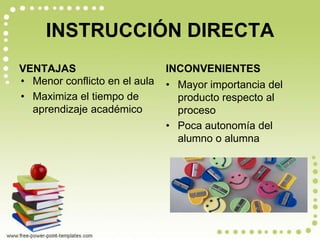INSTRUCCIÓN DIRECTA
VENTAJAS
• Menor conflicto en el aula
• Maximiza el tiempo de
aprendizaje académico
INCONVENIENTES
• Mayor importancia del
producto respecto al
proceso
• Poca autonomía del
alumno o alumna
 