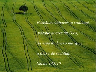Enseñame a hacer tu voluntad, porque tu eres mi Dios, tu espiritu bueno me guie a tierra de rectitud. Salmo 143:10