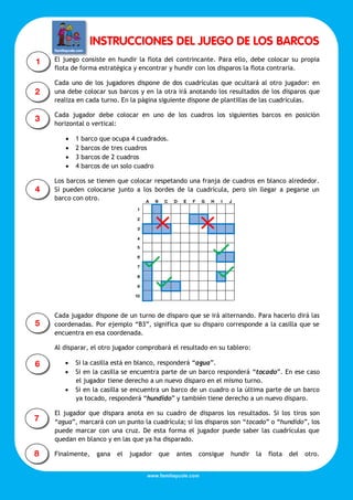 INSTRUCCIONES DEL JUEGO DE LOS BARCOS
El juego consiste en hundir la flota del contrincante. Para ello, debe colocar su propia
flota de forma estratégica y encontrar y hundir con los disparos la flota contraria.
Cada uno de los jugadores dispone de dos cuadrículas que ocultará al otro jugador: en
una debe colocar sus barcos y en la otra irá anotando los resultados de los disparos que
realiza en cada turno. En la página siguiente dispone de plantillas de las cuadrículas.
Cada jugador debe colocar en uno de los cuadros los siguientes barcos en posición
horizontal o vertical:





1
2
3
4

barco que ocupa 4 cuadrados.
barcos de tres cuadros
barcos de 2 cuadros
barcos de un solo cuadro

Los barcos se tienen que colocar respetando una franja de cuadros en blanco alrededor.
Sí pueden colocarse junto a los bordes de la cuadrícula, pero sin llegar a pegarse un
barco con otro.

Cada jugador dispone de un turno de disparo que se irá alternando. Para hacerlo dirá las
coordenadas. Por ejemplo “B3”, significa que su disparo corresponde a la casilla que se
encuentra en esa coordenada.
Al disparar, el otro jugador comprobará el resultado en su tablero:




Si la casilla está en blanco, responderá “agua”.
Si en la casilla se encuentra parte de un barco responderá “tocado”. En ese caso
el jugador tiene derecho a un nuevo disparo en el mismo turno.
Si en la casilla se encuentra un barco de un cuadro o la última parte de un barco
ya tocado, responderá “hundido” y también tiene derecho a un nuevo disparo.

El jugador que dispara anota en su cuadro de disparos los resultados. Si los tiros son
“agua”, marcará con un punto la cuadrícula; si los disparos son “tocado” o “hundido”, los
puede marcar con una cruz. De esta forma el jugador puede saber las cuadrículas que
quedan en blanco y en las que ya ha disparado.
Finalmente,

gana

el

jugador

que

antes

consigue

www.familiaycole.com

hundir

la

flota

del

otro.

 