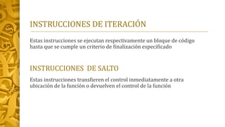 INSTRUCCIONES DE ITERACIÓN
Estas instrucciones se ejecutan respectivamente un bloque de código
hasta que se cumple un criterio de finalización especificado
INSTRUCCIONES DE SALTO
Estas instrucciones transfieren el control inmediatamente a otra
ubicación de la función o devuelven el control de la función
 