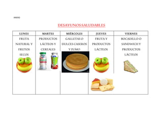 ANEXO
DESAYUNOSSALUDABLES
LUNES MARTES MIÉRCOLES JUEVES VIERNES
FRUTA
NATURAL Y
FRUTOS
SECOS
PRODUCTOS
LÁCTEOS Y
CEREALES
GALLETAS O
DULCES CASEROS
Y ZUMO
FRUTA Y
PRODUCTOS
LÁCTEOS
BOCADILLO O
SANDWICH Y
PRODUCTOS
LÁCTEOS
 