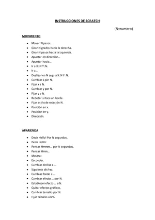 INSTRUCCIONES DE SCRATCH
(N=numero)
MOVIMIENTO
 Mover N pasos.
 Girar N grados hacia la derecha.
 Girar N pasos hacia la izquierda.
 Apuntar en dirección…
 Apuntar hacia…
 Ir a X: N Y: N.
 Ir a…
 Deslizar en N segs a X: N Y: N.
 Cambiar x por N.
 Fijar x a N.
 Cambiar y por N.
 Fijar y a N.
 Rebotar si toca un borde.
 Fijar estilo de rotación N.
 Posición en x.
 Posición en y.
 Dirección.
APARIENCIA
 Decir Hello! Por N segundos.
 Decir Hello!
 Pensar Hmmm… por N segundos.
 Pensar Hmm…
 Mostrar.
 Esconder.
 Cambiar disfraz a …
 Siguiente disfraz.
 Cambiar fonde a …
 Cambiar efecto … por N.
 Establecer efecto … a N.
 Quitar efectos graficos.
 Cambiar tamaño por N.
 Fijar tamaño a N%.
 