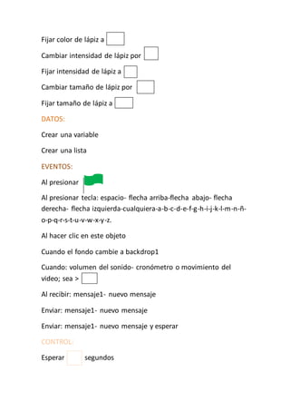 Fijar color de lápiz a
Cambiar intensidad de lápiz por
Fijar intensidad de lápiz a
Cambiar tamaño de lápiz por
Fijar tamaño de lápiz a
DATOS:
Crear una variable
Crear una lista
EVENTOS:
Al presionar
Al presionar tecla: espacio- flecha arriba-flecha abajo- flecha
derecha- flecha izquierda-cualquiera-a-b-c-d-e-f-g-h-i-j-k-l-m-n-ñ-
o-p-q-r-s-t-u-v-w-x-y-z.
Al hacer clic en este objeto
Cuando el fondo cambie a backdrop1
Cuando: volumen del sonido- cronómetro o movimiento del
video; sea >
Al recibir: mensaje1- nuevo mensaje
Enviar: mensaje1- nuevo mensaje
Enviar: mensaje1- nuevo mensaje y esperar
CONTROL:
Esperar segundos
 