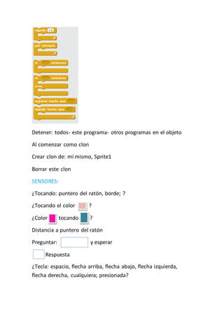 Detener: todos- este programa- otros programas en el objeto
Al comenzar como clon
Crear clon de: mí mismo, Sprite1
Borrar este clon
SENSORES:
¿Tocando: puntero del ratón, borde; ?
¿Tocando el color ?
¿Color tocando ?
Distancia a puntero del ratón
Preguntar: y esperar
Respuesta
¿Tecla: espacio, flecha arriba, flecha abajo, flecha izquierda,
flecha derecha, cualquiera; presionada?
 