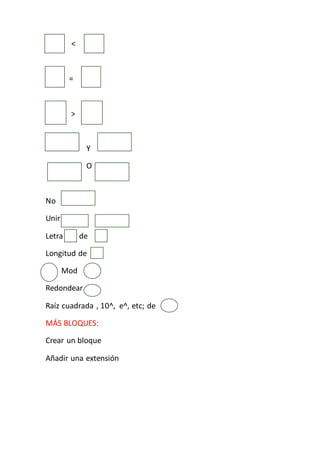 < <
=
>
Y
O
No
Unir
Letra de
Longitud de
Mod
Redondear
Raíz cuadrada , 10^, e^, etc; de
MÁS BLOQUES:
Crear un bloque
Añadir una extensión
 