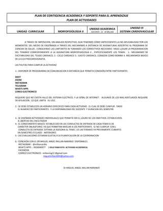 PLAN DE CONTIGENCIA ACADEMICA Y SOPORTE PARA EL APRENDIZAJE
PLAN DE ACTIVIDADES
UNIDAD CURRICULAR MORFOFISIOLOGIA II
UNIDAD ACADEMICA
DOCENTE : Dr M MILLAN
UNIDAD III
SISTEMA CARDIOVASCULAR
A TRAVES DE IMPOSICION, SIN ANALISIS RESPECTIVO; AUN TENIENDO COMO ANTECEDENTES LA NO APLICABILIDAD POR LOS
MOMENTOS. DEL MEDIO DE ENSEÑANZA A TRAVES DEL MECANISMO A DISTANCIA DE ASIGNATURAS ADSCRITAS AL PROGRAMA DE
CIENCIAS DE SALUD , CONOCIENDO LAS LIMITANTES NI TOMANDO LOS CORRECTIVOS NECESARIO. HAGO LLEGAR LA PROGRAMACION
DEL TEMARIO CORRESPONDIENTE A LA ASIGNATURA MORFOFISIOLOGIA II , ESPECIFICAMENTE LOS TEMAS: 1.- MECANISMO DE
EXCITABILIDAD DEL TEJIDO CARDIACO, 2.- CICLO CARDIACO 3.- GASTO CARDIACO, CORAZON COMO BOMBA 4. MECANISMOS BASICO
DE LA ELECTROCARDIOGRAFIA.
LAS PAUTAS PARA CUMPLIR LA ACTIVIDAD
1.- DISPONER DE PROOGRAMAS DE COMUNICACION A DISTANCIA QUE PERMITA CONEXIÓN ENTRE PARTICIPANTES
MEET
ZOOM
INSTAGRAN
TELEGRAM
WHATS APPS
COREO ELECTRONICO
REQUIERE QUE NO EXISTA FALLO DEL SISTEMA ELECTRICO, Y LA SEÑAL DE INTERNET. ALGUNOS DE LOS MAS ADECUADOS REQUIERE
DE AFILIACION . LO QUE LIMITA SU USO.
2.- SE DEBE ESTABLECER UN HORARIO ESPECIFICO PARA CADA ACTIVIDAD. EL CUAL SE DEBE CUMPLIR . DADO
EL NUMERO DE PARTICIPANTES . Y LA DISPONIBILIDAD DEL DOCENTE Y DURACION DEL SEMESTRE
3.- SE DISEÑARA ACTIVIDADES INDIVIDUALES QUE PERMITA VER EL LOGRO DE LOS OBJETIVOS ESTABLECIDOS.
A LIBERTAD DEL FACILITADOR
4.- EL CONOCIMIENTO BASICO ESTABLECIDO EN LAS CONDUCTAS DE ENTRADA DE CADA TEMA ES DE
CARÁCTER OBLIGATORIO. YA QUE PERMITIRA NIVELAR A LOS PARTICIPANTE. EL NO CUMPLIR CON L
CONDUCTA DE ENTRADA EVITARA LA ASESORIA AL TEMA. ( ES UN TEMARIO YA PREVIAMENTE CUBIERTO
EN SEMESTRES O CLASES ANTERIORES
5.- LAS EVALUACIONES ESTARAN SUJETAS A LA PLANIFICACION DE LA COORDINACION
6.- CONEXIÓN CON EL DR MIGUEL ANGEL MILLAN NARANJO DISPONIBLES
INSTAGRAM : @millancardio
WHATS APPS : 0426046977 ( SOLO PARA ESTA ACTIVIDAD ACADEMICA)
FACEBOOK
CORREO ELECTRONICO: millanmig12 @gmail.com
miguelmillan2003@yahoo.com
Dr MIGUEL ANGEL MILLAN NARANJO
 