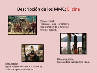 Descripción de los MMC: El cine
Plano general:
Presenta una progresiva
incorporación de la figura en
torno al espacio.
Plano americano:
Presenta tres cuartos de la figura.
Plano medio:
Figura aparece cortada a la altura de
la cintura, aproximadamente.
 