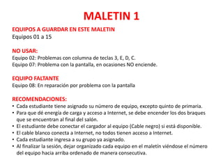MALETIN 1
EQUIPOS A GUARDAR EN ESTE MALETIN
Equipos 01 a 15
NO USAR:
Equipo 02: Problemas con columna de teclas 3, E, D, C...