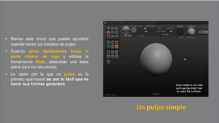 • Revisa este truco que puede ayudarte
cuando haces tus bocetos de pulpo.
• Cuando giras rápidamente hacia la
parte inferior de algo y utilizas la
herramienta Grab, obtendrás una base
plana para tus esculturas.
• La razón por la que un pulpo es lo
primero que haces es por lo fácil que es
hacer sus formas generales
Un pulpo simple
 