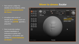 • Para acercar y alejar los
detalles en tus modelos, utiliza
la rueda de desplazamiento
del mouse.
• Al realizar esta acción el
tamaño de tu pincel estará con
relación a la pantalla (grande y
pequeño).
• Esto te permite realizar
cambios detallados al
enfocarse en partes más
pequeñas, y no tendrás que
cambiar tu control deslizante
de Detalles.
Mover la cámara: Escalar
Utiliza la rueda de
desplazamiento para
acercar y alejar
Frente
 