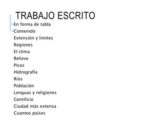 TRABAJO ESCRITO
•En forma de tabla
•Contenido
Extensión y limites
Regiones
El clima
Relieve
Picos
Hidrografía
Ríos
Población
Lenguas y religiones
Gentilicio
Ciudad más extensa
Cuantos países