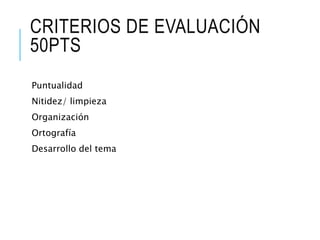 CRITERIOS DE EVALUACIÓN
50PTS
Puntualidad
Nitidez/ limpieza
Organización
Ortografía
Desarrollo del tema