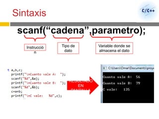 Sintaxis
scanf(“cadena”,parametro);
Instrucció
n
Tipo de
dato
Variable donde se
almacena el dato
RESULTADO
EN
PANTALLA
 