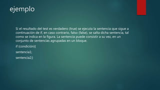 ejemplo
Si el resultado del test es verdadero (true) se ejecuta la sentencia que sigue a
continuación de if, en caso contrario, falso (false), se salta dicha sentencia, tal
como se indica en la figura. La sentencia puede consistir a su vez, en un
conjunto de sentencias agrupadas en un bloque.
if (condición){
sentencia1;
sentencia2;}
 