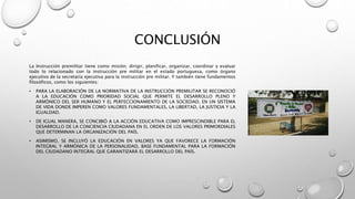 CONCLUSIÓN
La Instrucción premilitar tiene como misión; dirigir, planificar, organizar, coordinar y evaluar
todo lo relacionado con la instrucción pre militar en el estado portuguesa, como órgano
ejecutivo de la secretaría ejecutiva para la instrucción pre militar. Y también tiene fundamentos
filosóficos, como los siguientes:
• PARA LA ELABORACIÓN DE LA NORMATIVA DE LA INSTRUCCIÓN PREMILITAR SE RECONOCIÓ
A LA EDUCACIÓN COMO PRIORIDAD SOCIAL QUE PERMITE EL DESARROLLO PLENO Y
ARMÓNICO DEL SER HUMANO Y EL PERFECCIONAMIENTO DE LA SOCIEDAD, EN UN SISTEMA
DE VIDA DONDE IMPEREN COMO VALORES FUNDAMENTALES, LA LIBERTAD, LA JUSTICIA Y LA
IGUALDAD.
• DE IGUAL MANERA, SE CONCIBIÓ A LA ACCIÓN EDUCATIVA COMO IMPRESCINDIBLE PARA EL
DESARROLLO DE LA CONCIENCIA CIUDADANA EN EL ORDEN DE LOS VALORES PRIMORDIALES
QUE DETERMINAN LA ORGANIZACIÓN DEL PAÍS.
• ASIMISMO, SE INCLUYÓ LA EDUCACIÓN EN VALORES YA QUE FAVORECE LA FORMACIÓN
INTEGRAL Y ARMÓNICA DE LA PERSONALIDAD, BASE FUNDAMENTAL PARA LA FORMACIÓN
DEL CIUDADANO INTEGRAL QUE GARANTIZARÁ EL DESARROLLO DEL PAÍS.
 