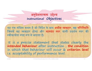 5/5/2022 Prof Amita Pandey Bhardwaj, School of Edu., SLBSNSU, N.Delhi 14
यह एक संि कथन है जो िनदश के बाद अभी वहार, वह प रि थित
िजसम वह वहार होगा और मानदंड तर यानी दशन तर क
वीकायता प प से बताता है।
It is a precise statement that states clearly the
intended behaviour after instruction , the condition
in which that behaviour will occur & criterion level
i.e. acceptability of performance level.
अनुदेशना मक उ े य
Instructional Objectives
 