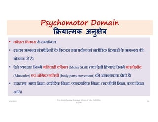 Psychomotor Domain
या मक अनु े
• कौशल िवकास से स बि धत
• इसका स ब ध मांसपेिशय क
े िवकास तथा योग एवं शारी रक ि याओंक
े सम वय क
यो यता से हैl
• ऐसे यवहार िजनम गितवाही कौशल (Motor Skill) तथा ऐसी ि याएं िजनम मांसपेशीय
(Musculer) एवं आंिगक गितय (body parts movement) क आव यकता होती हैl
• उदाहरण- भाषा िश ा, शारी रक िश ा, यावसाियक िश ा, तकनीक िश ा, कला िश ा
आिदl
5/5/2022 39
Prof Amita Pandey Bhardwaj, School of Edu., SLBSNSU,
N.Delhi
 