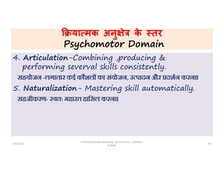 या मक अनु े क
े तर
Psychomotor Domain
4. Articulation-Combining ,producing &
performing severval skills consistently.
सहयोजन -लगातार कई कौशल का संयोजन, उ पादन और दशन करना।
5. Naturalization- Mastering skill automatically.
सहजीकरण- वतः महारत हािसल करना।
5/5/2022 42
Prof Amita Pandey Bhardwaj, School of Edu., SLBSNSU,
N.Delhi
 