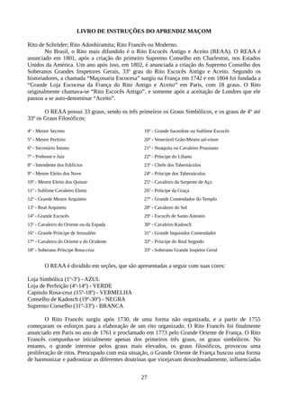 LIVRO DE INSTRUÇÕES DO APRENDIZ MAÇOM
Rito de Schröder; Rito Adonhiramita; Rito Francês ou Moderno.
No Brasil, o Rito mais difundido é o Rito Escocês Antigo e Aceito (REAA). O REAA é
anunciado em 1801, após a criação do primeiro Supremo Conselho em Charleston, nos Estados
Unidos da América. Um ano após isso, em 1802, é anunciada a criação do Supremo Conselho dos
Soberanos Grandes Inspetores Gerais, 33º grau do Rito Escocês Antigo e Aceito. Segundo os
historiadores, a chamada “Maçonaria Escocesa” surgiu na França em 1742 e em 1804 foi fundada a
“Grande Loja Escocesa da França do Rito Antigo e Aceito” em Paris, com 18 graus. O Rito
originalmente chamava-se “Rito Escocês Antigo”, e somente após a aceitação de Londres que ele
passou a se auto-denominar “Aceito”.
O REAA possui 33 graus, sendo os três primeiros os Graus Simbólicos, e os graus de 4º até
33º os Graus Filosóficos:
4º - Mestre Secreto 19º - Grande Sacerdote ou Sublime Escocês
5º - Mestre Perfeito 20º - Venerável Grão-Mestre ad-vitam
6º - Secretário Íntimo 21º - Noaquita ou Cavaleiro Prussiano
7º - Preboste e Juiz 22º - Príncipe do Líbano
8º - Intendente dos Edifícios 23º - Chefe dos Tabernáculos
9º - Mestre Eleito dos Nove 24º - Príncipe dos Tabernáculos
10º - Mestre Eleito dos Quinze 25º - Cavaleiro da Serpente de Aço
11º - Sublime Cavaleiro Eleito 26º - Príncipe da Graça
12º - Grande Mestre Arquiteto 27º - Grande Comendador do Templo
13º - Real Arquiteto 28º - Cavaleiro do Sol
14º - Grande Escocês 29º - Escocês de Santo Antonio
15º - Cavaleiro do Oriente ou da Espada 30º - Cavaleiro Kadosch
16º - Grande Príncipe de Jerusalém 31º - Grande Inquisidor Comendador
17º - Cavaleiro do Oriente e do Ocidente 32º - Príncipe do Real Segredo
18º - Soberano Príncipe Rosa-cruz 33º - Soberano Grande Inspetor Geral
O REAA é dividido em seções, que são apresentadas a seguir com suas cores:
Loja Simbólica (1º-3º) - AZUL
Loja de Perfeição (4º-14º) - VERDE
Capítulo Rosa-cruz (15º-18º) - VERMELHA
Conselho de Kadosch (19º-30º) - NEGRA
Supremo Conselho (31º-33º) - BRANCA
O Rito Francês surgiu após 1730, de uma forma não organizada, e a partir de 1755
começaram os esforços para a elaboração de um rito organizado. O Rito Francês foi finalmente
anunciado em Paris no ano de 1761 e proclamado em 1773 pelo Grande Oriente de França. O Rito
Francês compunha-se inicialmente apenas dos primeiros três graus, os graus simbólicos. No
entanto, o grande interesse pelos graus mais elevados, os graus filosóficos, provocou uma
proliferação de ritos. Preocupado com esta situação, o Grande Oriente de França buscou uma forma
de harmonizar e padronizar as diferentes doutrinas que vicejavam desordenadamente, influenciadas
27
 