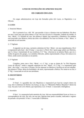 LIVRO DE INSTRUÇÕES DO APRENDIZ MAÇOM
OS CARGOS EM LOJA
Os cargos administrativos em Loja são formados pelas três Luzes, os Dignitários e os
Oficiais:
I. LUZES
1. Venerável Mestre
Ele é a primeira Luz, o M.'. M.'. que preside a Loja e a ilumina com sua Sabedoria. Ele deve
ser reto e justo para que possa liderar a Loja. Por isso sua joia é o Esquadro, símbolo da retidão. O
Ven.'. Mestr.'. é a Vontade da Loja. Seu planeta é Júpiter, que representa a Sabedoria. Ele também
está associado com Minerva, deusa das artes e da sabedoria. Por estar no Oriente, o Ven.'. Mestr.'. é
associado ao sol nascente.
2. 1º Vigilante
A segunda Luz da Loja, e primeiro substituto do Ven.'. Mestr.'. em seus impedimentos. Ele é
o responsável pela Instr.'. dos CComp.'. e sua joia é o Nível. Ele é quem paga salário aos Obreiros,
que é a força e manutenção de sua existência. O 1º Vig.'. relaciona-se ao planeta Marte, que era o
senhor da guerra dos gregos, e ao semideus Hércules, ambos representando a Força. Ele senta-se no
Oeste, sendo assim associado ao sol poente.
3. 2º Vigilante
Completa, junto com o Ven.'. Mestr.'. e o 1º Vig.'. o que se chama de “as Três Pequenas
Luzes da Oficina”, sendo o segundo substituto do Ven.'. Mestr.'. O 2º Vig.'. é o responsável pela
Instr.'. dos AApr.'. e sua joia é o Prumo. Ele faz repousar os Obreiros e fiscaliza-os em seu trabalho.
Seu planeta é Vênus, deusa da fertilidade e do amor, representando a Beleza. Por sentar-se ao Sul, o
2º Vig.'. é associado ao sol em seu meridiano.
II. DIGNITÁRIOS
1. Orador
O Orad.'. é o guardião das Leis Maçônicas e responsável por faze-las cumprir dentro da
Loja. Ele é o defensor do Direito e da Justiça, ou seja, é o “Ministério Público Maçônico” dentro da
Loja. Sua joia é um Livro Aberto, que representa a Lei. O Orad.'. é associado à Inteligência.
2. Secretário
O Secr.'. é o responsável pela memória da Loja. Sob sua responsabilidade ficam os livros e a
correspondência da Loja. Por isso, em sua joia, figuram duas penas cruzadas, indicando o registro
do passado e do presente. O Secr.'. é associado à Sabedoria.
52
 