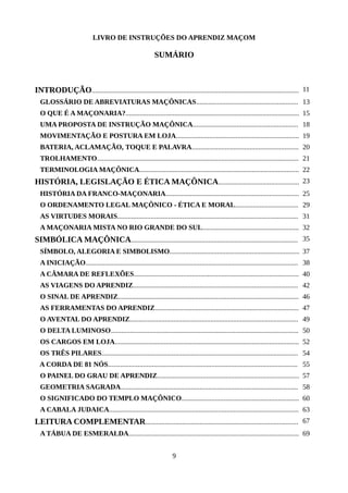 LIVRO DE INSTRUÇÕES DO APRENDIZ MAÇOM
SUMÁRIO
INTRODUÇÃO...................................................................................................................... 11
GLOSSÁRIO DE ABREVIATURAS MAÇÔNICAS.......................................................... 13
O QUE É A MAÇONARIA?................................................................................................... 15
UMA PROPOSTA DE INSTRUÇÃO MAÇÔNICA............................................................ 18
MOVIMENTAÇÃO E POSTURA EM LOJA...................................................................... 19
BATERIA, ACLAMAÇÃO, TOQUE E PALAVRA............................................................. 20
TROLHAMENTO................................................................................................................... 21
TERMINOLOGIA MAÇÔNICA........................................................................................... 22
HISTÓRIA, LEGISLAÇÃO E ÉTICA MAÇÔNICA.............................................. 23
HISTÓRIA DA FRANCO-MAÇONARIA............................................................................ 25
O ORDENAMENTO LEGAL MAÇÔNICO - ÉTICA E MORAL.................................... 29
AS VIRTUDES MORAIS....................................................................................................... 31
A MAÇONARIA MISTA NO RIO GRANDE DO SUL....................................................... 32
SIMBÓLICA MAÇÔNICA............................................................................................... 35
SÍMBOLO, ALEGORIA E SIMBOLISMO.......................................................................... 37
A INICIAÇÃO......................................................................................................................... 38
A CÂMARA DE REFLEXÕES.............................................................................................. 40
AS VIAGENS DO APRENDIZ.............................................................................................. 42
O SINAL DE APRENDIZ....................................................................................................... 46
AS FERRAMENTAS DO APRENDIZ.................................................................................. 47
O AVENTAL DO APRENDIZ................................................................................................ 49
O DELTA LUMINOSO........................................................................................................... 50
OS CARGOS EM LOJA......................................................................................................... 52
OS TRÊS PILARES................................................................................................................ 54
A CORDA DE 81 NÓS............................................................................................................ 55
O PAINEL DO GRAU DE APRENDIZ................................................................................. 57
GEOMETRIA SAGRADA..................................................................................................... 58
O SIGNIFICADO DO TEMPLO MAÇÔNICO................................................................... 60
A CABALA JUDAICA............................................................................................................ 63
LEITURA COMPLEMENTAR....................................................................................... 67
A TÁBUA DE ESMERALDA................................................................................................. 69
9
 