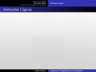 Arquitetura MIPS
Instru¸c˜oes MIPS
Processando Instru¸c˜oes de Controle
Instru¸c˜oes L´ogicas
Instru¸c˜oes L´ogicas
Othon Oliveira Arquitetura e Organiza¸c˜ao de Computadores
 