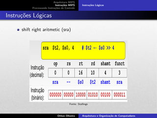 Arquitetura MIPS
Instru¸c˜oes MIPS
Processando Instru¸c˜oes de Controle
Instru¸c˜oes L´ogicas
Instru¸c˜oes L´ogicas
shift right aritmetic (sra)
Fonte: Stallings
Othon Oliveira Arquitetura e Organiza¸c˜ao de Computadores
 