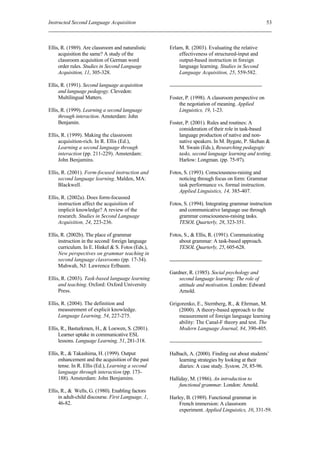 Instructed Second Language Acquisition                                                              53



Ellis, R. (1989). Are classroom and naturalistic    Erlam, R. (2003). Evaluating the relative
     acquisition the same? A study of the               effectiveness of structured-input and
     classroom acquisition of German word               output-based instruction in foreign
     order rules. Studies in Second Language            language learning. Studies in Second
     Acquisition, 11, 305-328.                          Language Acquisition, 25, 559-582.

Ellis, R. (1991). Second language acquisition
     and language pedagogy. Clevedon:
     Multilingual Matters.                          Foster, P. (1998). A classroom perspective on
                                                        the negotiation of meaning. Applied
Ellis, R. (1999). Learning a second language            Linguistics, 19, 1-23.
     through interaction. Amsterdam: John
     Benjamin.                                      Foster, P. (2001). Rules and routines: A
                                                        consideration of their role in task-based
Ellis, R. (1999). Making the classroom                  language production of native and non-
     acquisition-rich. In R. Ellis (Ed.),               native speakers. In M. Bygate, P. Skehan &
     Learning a second language through                 M. Swain (Eds.), Researching pedagogic
     interaction (pp. 211-229). Amsterdam:              tasks, second language learning and testing.
     John Benjamins.                                    Harlow: Longman. (pp. 75-97).

Ellis, R. (2001). Form-focused instruction and      Fotos, S. (1993). Consciousness-raising and
     second language learning. Malden, MA:              noticing through focus on form: Grammar
     Blackwell.                                         task performance vs. formal instruction.
                                                        Applied Linguistics, 14, 385-407.
Ellis, R. (2002a). Does form-focussed
     instruction affect the acquisition of          Fotos, S. (1994). Integrating grammar instruction
     implicit knowledge? A review of the                and communicative language use through
     research. Studies in Second Language               grammar consciousness-raising tasks.
     Acquisition, 24, 223-236.                          TESOL Quarterly, 28, 323-351.

Ellis, R. (2002b). The place of grammar             Fotos, S., & Ellis, R. (1991). Communicating
     instruction in the second/ foreign language        about grammar: A task-based approach.
     curriculum. In E. Hinkel & S. Fotos (Eds.),        TESOL Quarterly, 25, 605-628.
     New perspectives on grammar teaching in
     second language classrooms (pp. 17-34).
     Mahwah, NJ: Lawrence Erlbaum.
                                                    Gardner, R. (1985). Social psychology and
Ellis, R. (2003). Task-based language learning          second language learning: The role of
     and teaching. Oxford: Oxford University            attitude and motivation. London: Edward
     Press.                                             Arnold.

Ellis, R. (2004). The definition and                Grigorenko, E., Sternberg, R., & Ehrman, M.
     measurement of explicit knowledge.                 (2000). A theory-based approach to the
     Language Learning, 54, 227-275.                    measurement of foreign language learning
                                                        ability: The Canal-F theory and test. The
Ellis, R., Basturkmen, H., & Loewen, S. (2001).         Modern Language Journal, 84, 390-405.
     Learner uptake in communicative ESL
     lessons. Language Learning, 51, 281-318.

Ellis, R., & Takashima, H. (1999). Output           Halbach, A. (2000). Finding out about students’
     enhancement and the acquisition of the past        learning strategies by looking at their
     tense. In R. Ellis (Ed.), Learning a second        diaries: A case study. System, 28, 85-96.
     language through interaction (pp. 173-
     188). Amsterdam: John Benjamins.               Halliday, M. (1986). An introduction to
                                                         functional grammar. London: Arnold.
Ellis, R., & Wells, G. (1980). Enabling factors
     in adult-child discourse. First Language, 1,   Harley, B. (1989). Functional grammar in
     46-82.                                             French immersion: A classroom
                                                        experiment. Applied Linguistics, 10, 331-59.
 