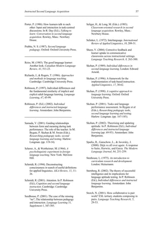 Instructed Second Language Acquisition                                                             57



Porter, P. (1986). How learners talk to each       Seliger, H., & Long, M. (Eds.). (1983).
    other: Input and interaction in task-centred        Classroom-oriented research in second
    discussions. In R. Day (Ed.), Talking to            language acquisition. Rowley, Mass.:
    learn: Conversation in second language              Newbury House.
    acquisition. Rowley, Mass.: Newbury
    House.                                         Selinker, L. (1972). Interlanguage. International
                                                        Review of Applied Linguistics, 10, 209-31.
Prabhu, N. S. (1987). Second language
    pedagogy. Oxford: Oxford University Press.     Sheen, Y. (2004). Corrective feedback and
                                                       learner uptake in communicative
                                                       classrooms across instructional settings.
                                                       Language Teaching Research, 8, 263-300.
Reiss, M. (1985). The good language learner:
    Another look. Canadian Modern Language         Skehan, P. (1989). Individual differences in
    Review, 41, 511-23.                                second-language learning. London: Edward
                                                       Arnold.
Richards, J., & Rogers, T. (1986). Approaches
    and methods in language teaching.              Skehan, P. (1996). A framework for the
    Cambridge: Cambridge University Press.             implementation of task-based instruction.
                                                       Applied Linguistics, 17, 38-62.
Robinson, P. (1997). Individual differences and
    the fundamental similarity of implicit and     Skehan, P. (1998). A cognitive approach to
    explicit adult language learning. Language         language learning. Oxford: Oxford
    Learning, 47, 45-99.                               University Press.

Robinson, P. (Ed.). (2002). Individual             Skehan, P. (2001). Tasks and language
    differences and instructed language                performance assessment. In Bygate et al
    learning. Amsterdam: John Benjamins.               (Eds.), Researching pedagogic tasks,
                                                       second language learning and testing.
                                                       Harlow: Longman. (pp. 167-185).

Samuda, V. (2001). Guiding relationships           Skehan, P. (2002). Theorising and updating
   between form and meaning during task                aptitude. In P. Robinson (Ed.), Individual
   performance: The role of the teacher. In M.         differences and instructed language
   Bygate, P. Skehan & M. Swain (Eds.),                learning (pp. 69-93). Amsterdam: John
   Researching pedagogic tasks, second                 Benjamins.
   language learning and testing. Harlow:
   Longman. (pp. 119-14).                          Sparks, R., Ganschow, L., & Javorsky, J.
                                                       (2000). Déjà vu all over again: A response
Scherer, A., & Wertheimer, M. (1964). A                to Saito, Horwitz, and Garza. The Modern
    psycholinguistic experiment in foreign             Language Journal, 84, 251-259.
    language teaching. New York: McGraw
    Hill.                                          Stenhouse, L. (1975). An introduction to
                                                       curriculum research and development.
Schmidt, R. (1994). Deconstructing                     London: Heinemann.
   consciousness in search of useful definitions
   for applied linguistics. AILA Review, 11, 11-   Sternberg, R. (2002). The theory of successful
   26.                                                  intelligence and its implications for
                                                        language aptitude testing. In P. Robinson
Schmidt, R. (2001). Attention. In P. Robinson           (Ed.), Individual differences and instructed
   (Ed.), Cognition and second language                 language learning. Amsterdam: John
   instruction. Cambridge: Cambridge                    Benjamins.
   University Press.
                                                   Storch, N. (2001). How collaborative is pair
Seedhouse, P. (2001). The case of the missing          work? ESL tertiary students composing in
    “no”; The relationship between pedagogy            pairs. Language Teaching Research, 5,
    and interaction. Language Learning 51,             29-53.
    Supplement 1, 347-385.
 