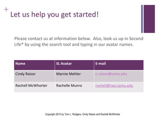 Let us help you get started! Please contact us at information below.  Also, look us up in Second Life® by using the search tool and typing in our avatar names.  Copyright 2010 by Tom L. Rodgers, Cindy Raisor and Rochell McWhorter Name  SL Avatar E-mail Cindy Raisor Marnie Mehler [email_address] Rochell McWhorter Rachelle Munro [email_address]   
