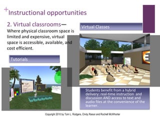 Instructional opportunities  2. Virtual classrooms — Where physical classroom space is limited and expensive, virtual space is accessible, available, and cost efficient. Copyright 2010 by Tom L. Rodgers, Cindy Raisor and Rochell McWhorter Students benefit from a hybrid delivery: real-time instruction  and discussion AND access to text and audio files at the convenience of the learner.  Virtual Classes Tutorials 