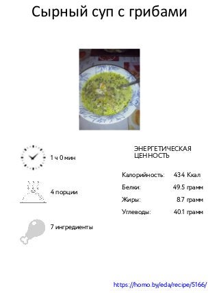 Сырный суп с грибами
1 ч 0 мин
4 порции
7 ингредиенты
ЭНЕРГЕТИЧЕСКАЯ
ЦЕННОСТЬ
Калорийность: 434 Ккал
Белки: 49.5 грамм
Жиры: 8.7 грамм
Углеводы: 40.1 грамм
https://homo.by/eda/recipe/5166/
 